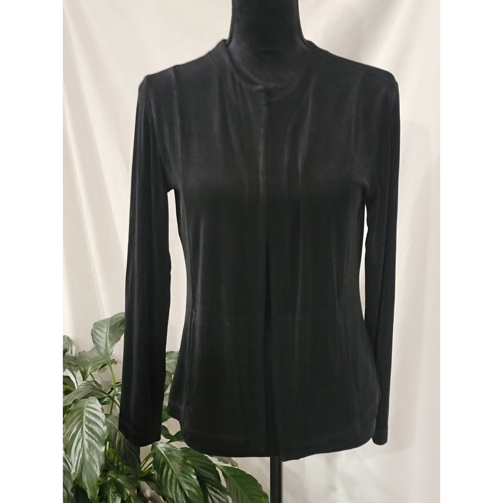 Chicos Travelers‎ Black Long Sleeve Open Front Top Mock Neck Size 1 Medium